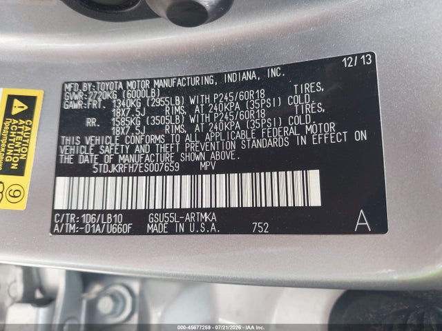Toyota Highlander Xle V6 2014 5TDJKRFH7ES007659 Image 9