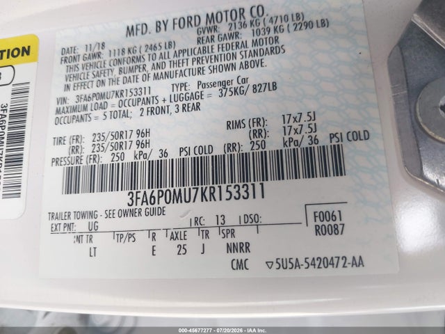 Ford Fusion Hybrid Sel 2019 3FA6P0MU7KR153311 Image 9