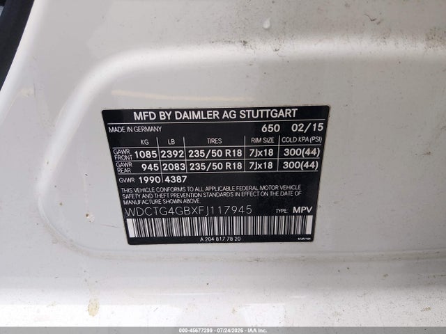 Продажа на аукционе авто 2015 Mercedes-benz Gla 250 4matic, vin: WDCTG4GBXFJ117945, номер лота: 45677299