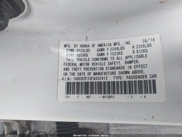 Продаж на аукціоні авто 2015 Honda Accord Lx, vin: 1HGCR2F33FA002412, номер лоту: 45677301