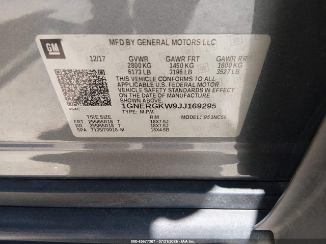 1GNERGKW9JJ169295 Chevrolet Traverse Lt Cloth