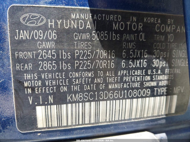 Aukcja sprzedaży 2006 Hyundai Santa Fe Gls, vin: KM8SC13D66U108009, numer aukcji: 45677315