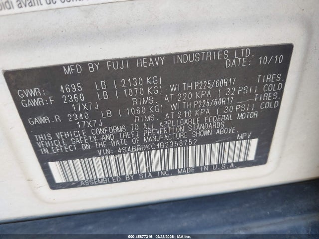 45677316 :رقم المزاد ، 4S4BRDKC4B2358752 vin ، 2011 Subaru Outback 3.6r Limited مزاد بيع