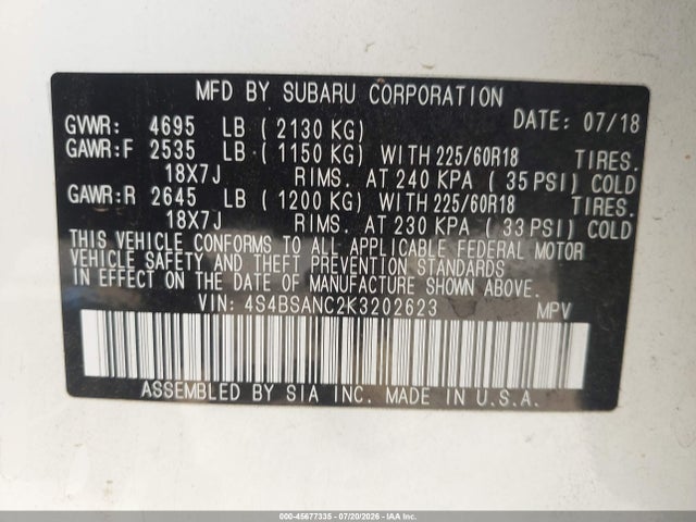 Subaru Outback 2.5i Limited 2019 4S4BSANC2K3202623 Image 9