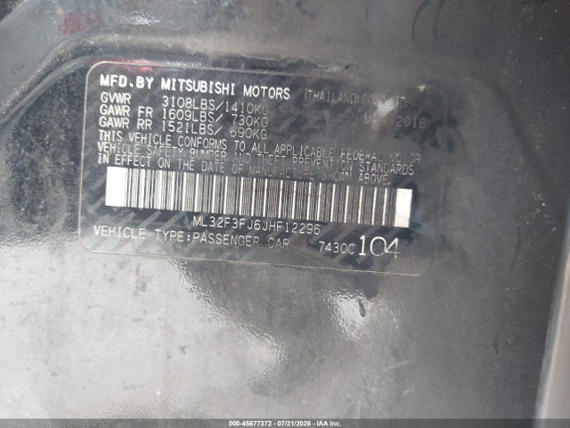 Aukcja sprzedaży 2018 Mitsubishi Mirage G4 Es, vin: ML32F3FJ6JHF12296, numer aukcji: 45677372