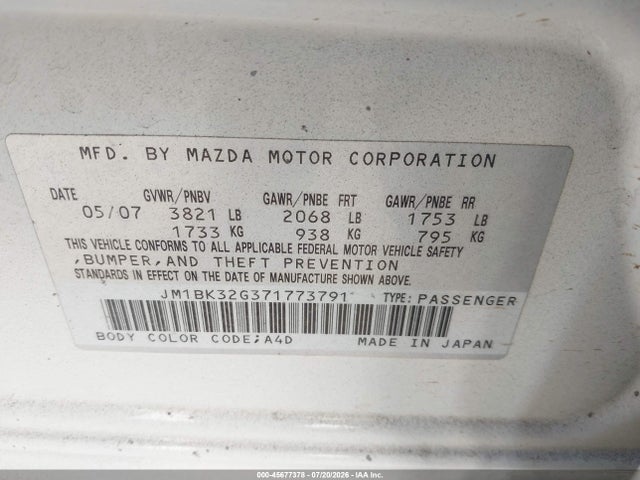 Aukcja sprzedaży 2007 Mazda Mazda3 I, vin: JM1BK32G371773791, numer aukcji: 45677378