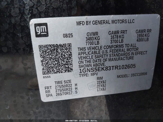 Auction sale of the 2026 Chevrolet Suburban Rst, Rwd, vin: 1GNS5EK83TR102605, lot number: 45677391