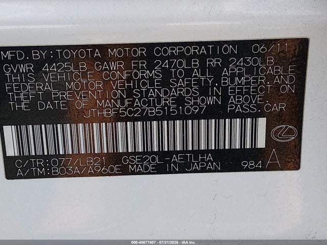 Продажа на аукционе авто 2011 Lexus Is 250, vin: JTHBF5C27B5151097, номер лота: 45677407