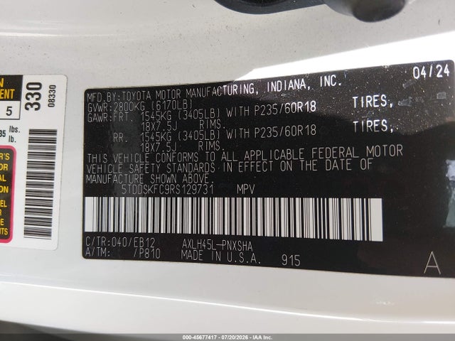 45677417 :رقم المزاد ، 5TDDSKFC9RS129731 vin ، 2024 Toyota Sienna Xse مزاد بيع