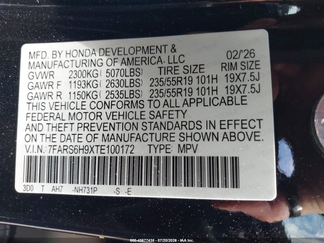 7FARS6H9XTE100172 Honda Cr-v Hybrid Awd Sport Touring
