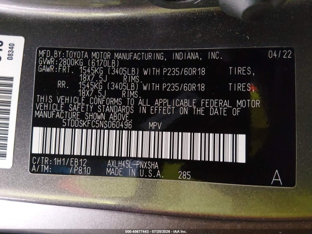 Aukcja sprzedaży 2022 Toyota Sienna Xse, vin: 5TDDSKFC5NS060496, numer aukcji: 45677443