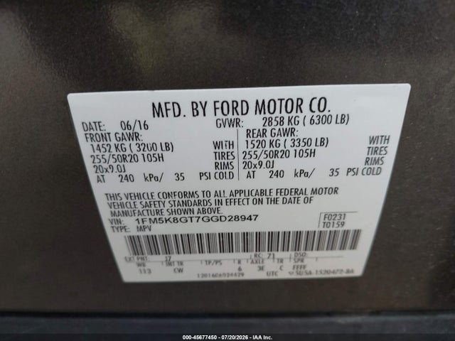 Ford EXPLORER SPORT 2016 1FM5K8GT7GGD28947 Image 9