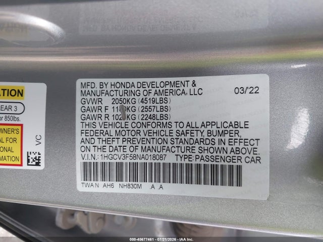 1HGCV3F58NA018087 Honda Accord Hybrid Ex-l