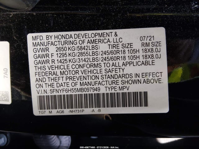 Honda Pilot Awd Ex-l 2021 5FNYF6H55MB097949 Image 9