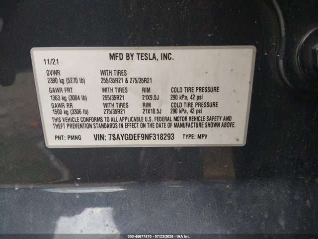 Продаж на аукціоні авто 2022 Tesla Model Y Performance Dual Motor All-wheel Drive, vin: 7SAYGDEF9NF318293, номер лоту: 45677470