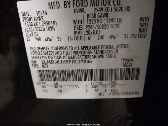 45677471 :رقم المزاد ، 2LMDJ8JK5FBL27045 vin ، 2015 Lincoln Mkx مزاد بيع