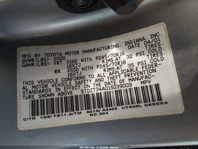 Продажа на аукционе авто 2001 Toyota Sequoia Sr5 V8, vin: 5TDZT34A01S039009, номер лота: 45677480