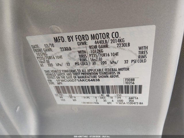 Продаж на аукціоні авто 2010 Ford Escape Xlt, vin: 1FMCU0D71AKC64838, номер лоту: 45677492
