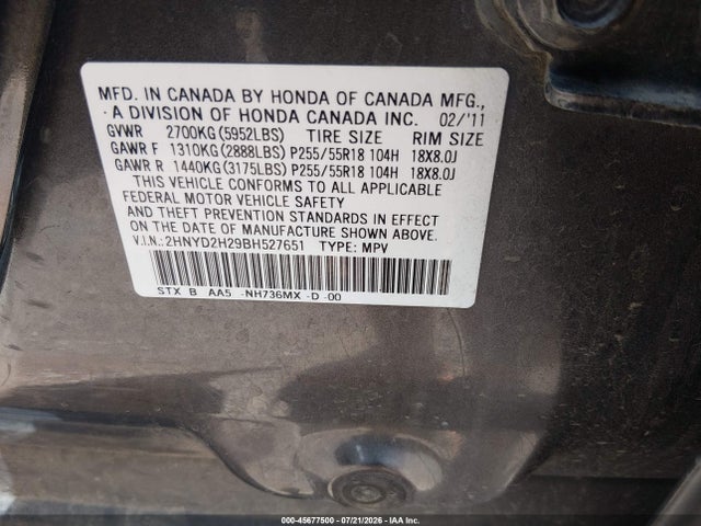 Продажа на аукционе авто 2011 Acura Mdx, vin: 2HNYD2H29BH527651, номер лота: 45677500