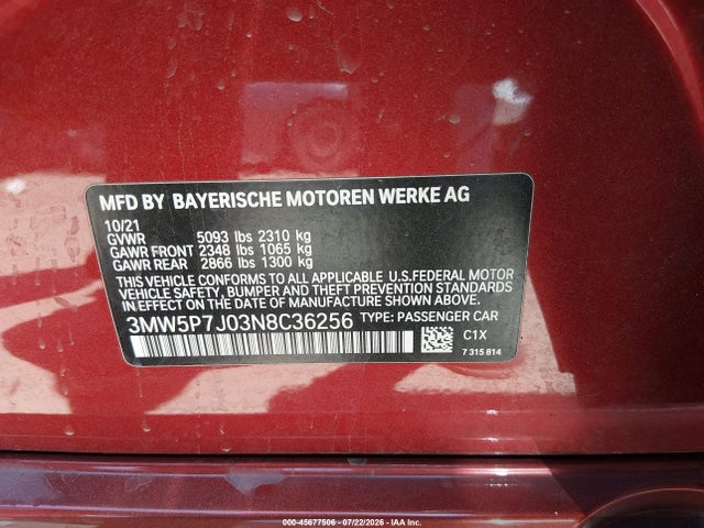 45677506 :رقم المزاد ، 3MW5P7J03N8C36256 vin ، 2022 Bmw 330e مزاد بيع