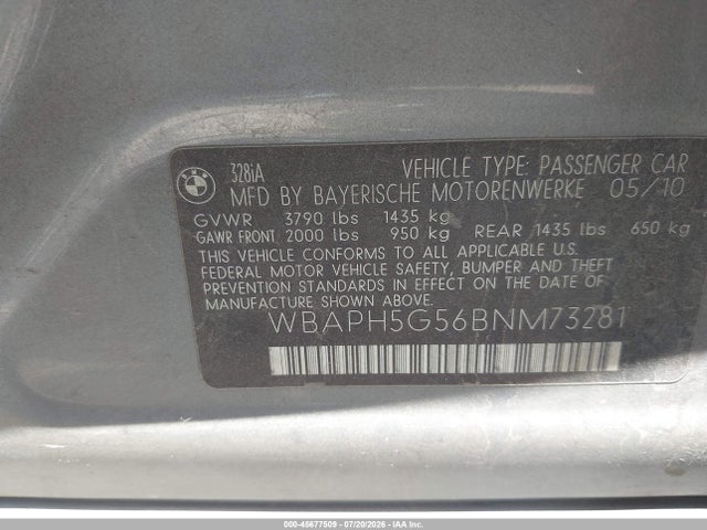 2011 Bmw 328i მანქანა იყიდება აუქციონზე, vin: WBAPH5G56BNM73281, აუქციონის ნომერი: 45677509