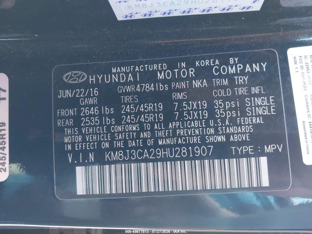 Продаж на аукціоні авто 2017 Hyundai Tucson Limited, vin: KM8J3CA29HU281907, номер лоту: 45677513