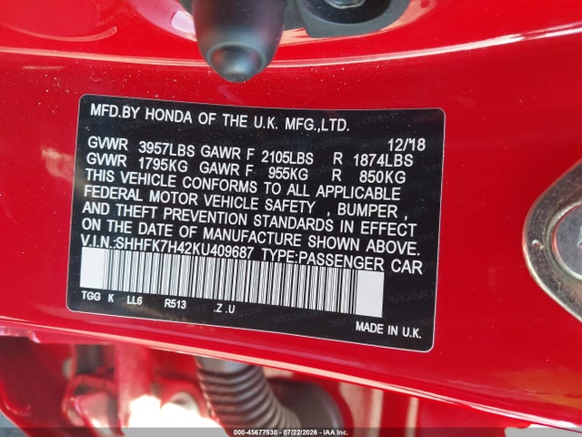 SHHFK7H42KU409687 Honda Civic Sport