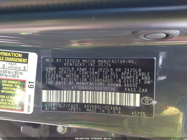 Aukcja sprzedaży 2025 Toyota Camry Le, vin: 4T1DAACK4SU010796, numer aukcji: 45677536