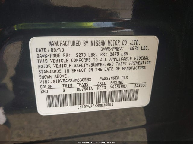 45677545 :رقم المزاد ، JN1DV6APXBM830582 vin ، 2011 Infiniti G25 Journey مزاد بيع