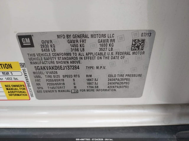 45677553 :رقم المزاد ، 5GAKVAKD6EJ137284 vin ، 2014 Buick Enclave Convenience مزاد بيع