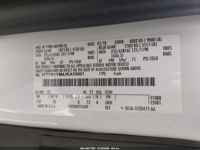 Ford Transit-250 2018 1FTYR1YM4JKA59001 Image 9