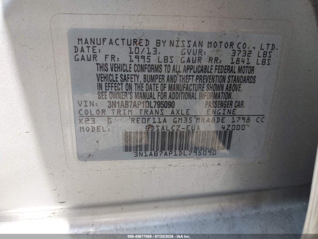 45677569 :رقم المزاد ، 3N1AB7AP1DL795090 vin ، 2013 Nissan Sentra S مزاد بيع