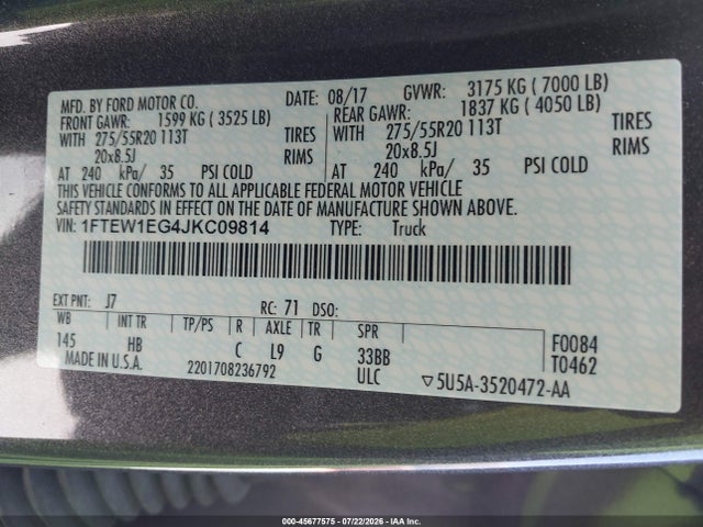 Ford F-150 Lariat 2018 1FTEW1EG4JKC09814 Image 9