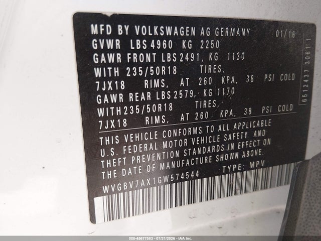 WVGBV7AX1GW574544 Volkswagen TIGUAN SE