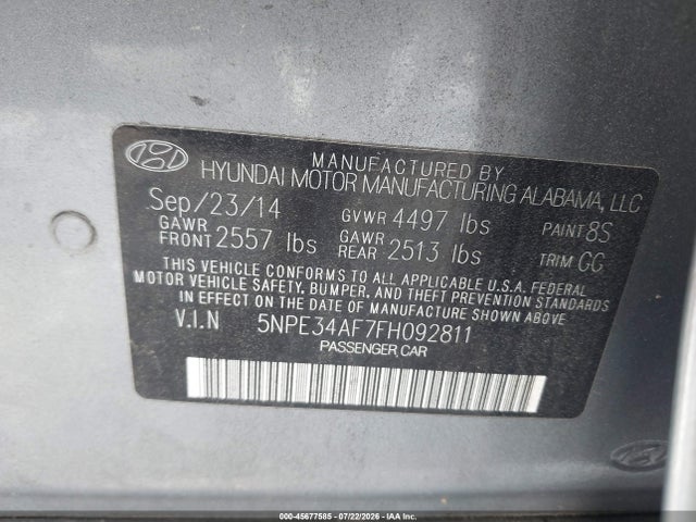 45677585 :رقم المزاد ، 5NPE34AF7FH092811 vin ، 2015 Hyundai Sonata Limited مزاد بيع