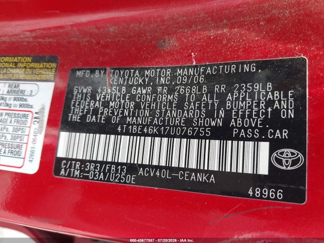 Продажа на аукционе авто 2007 Toyota Camry Le, vin: 4T1BE46K17U076755, номер лота: 45677587