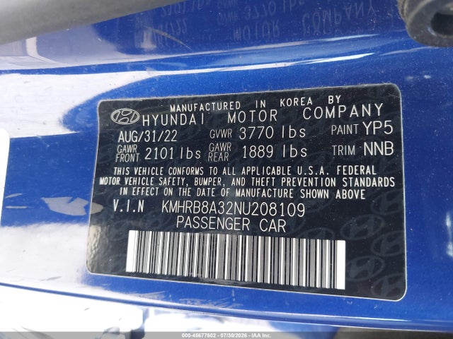 Aukcja sprzedaży 2022 Hyundai Venue Se, vin: KMHRB8A32NU208109, numer aukcji: 45677602