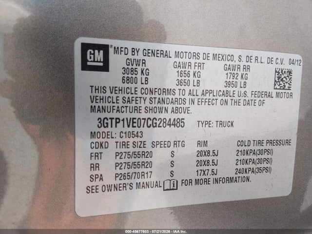 Aukcja sprzedaży 2012 Gmc Sierra 1500 Sle, vin: 3GTP1VE07CG284485, numer aukcji: 45677603