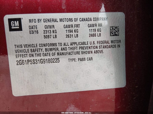45677606 :رقم المزاد ، 2G61P5S31G9180225 vin ، 2016 Cadillac Xts Premium Collection مزاد بيع
