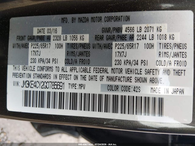 45677634 :رقم المزاد ، JM3KE4CY2G0785691 vin ، 2016 Mazda Cx-5 Touring مزاد بيع