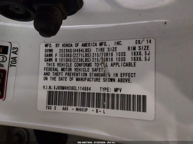 Honda CR-V LX 2014 5J6RM4H38EL114684 Image 9