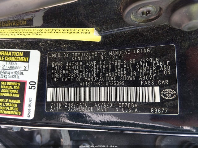 45677654 :رقم المزاد ، 4T1B11HK1JU535099 vin ، 2018 Toyota Camry L مزاد بيع