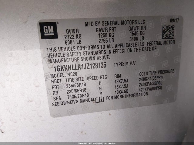 Aukcja sprzedaży 2018 Gmc Acadia Sle-2, vin: 1GKKNLLA1JZ128135, numer aukcji: 45677657