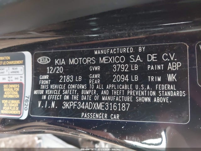Aukcja sprzedaży 2021 Kia Forte Gt-line, vin: 3KPF34ADXME316187, numer aukcji: 45677672