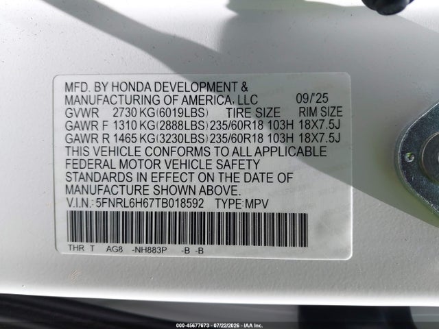 2026 Honda Odyssey Ex-l მანქანა იყიდება აუქციონზე, vin: 5FNRL6H67TB018592, აუქციონის ნომერი: 45677673