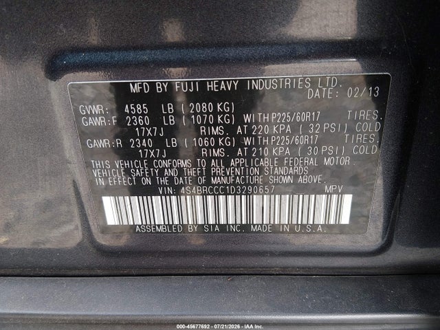 45677692 :رقم المزاد ، 4S4BRCCC1D3290657 vin ، 2013 Subaru Outback 2.5i Premium مزاد بيع