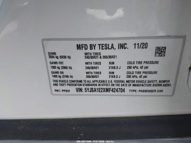 5YJSA1E2XMF424704 Tesla Model S Long Range Dual Motor All-wheel Drive/long Range Plus Dual Motor All-wheel Drive