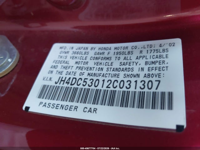 45677704 :رقم المزاد ، JH4DC53012C031307 vin ، 2002 Acura Rsx Type S مزاد بيع