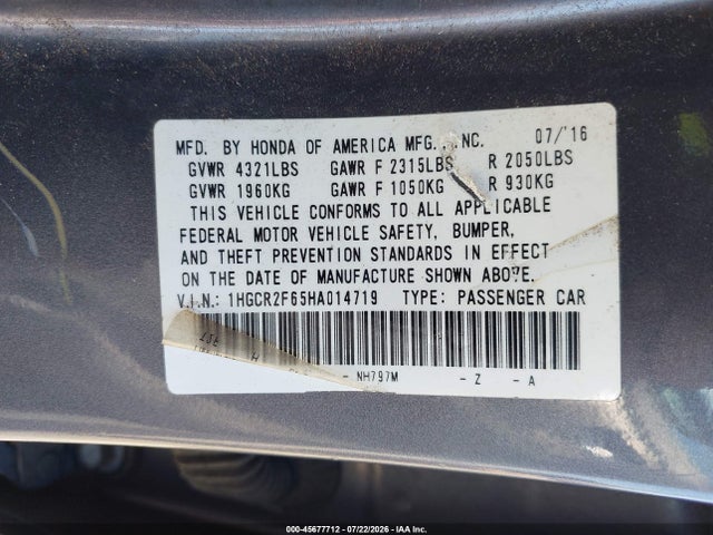 1HGCR2F65HA014719 Honda Accord Sport