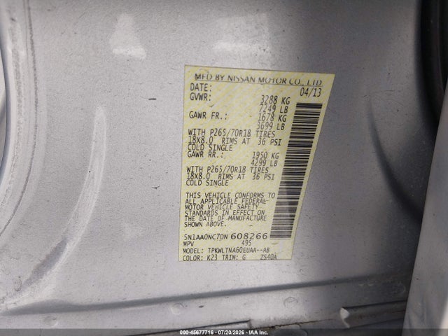 2013 Nissan Armada Sv მანქანა იყიდება აუქციონზე, vin: 5N1AA0NC7DN608266, აუქციონის ნომერი: 45677716